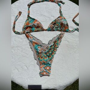 Luli Fama NEVER WORN Multicolor Bikini Set halter to and high leg bottom